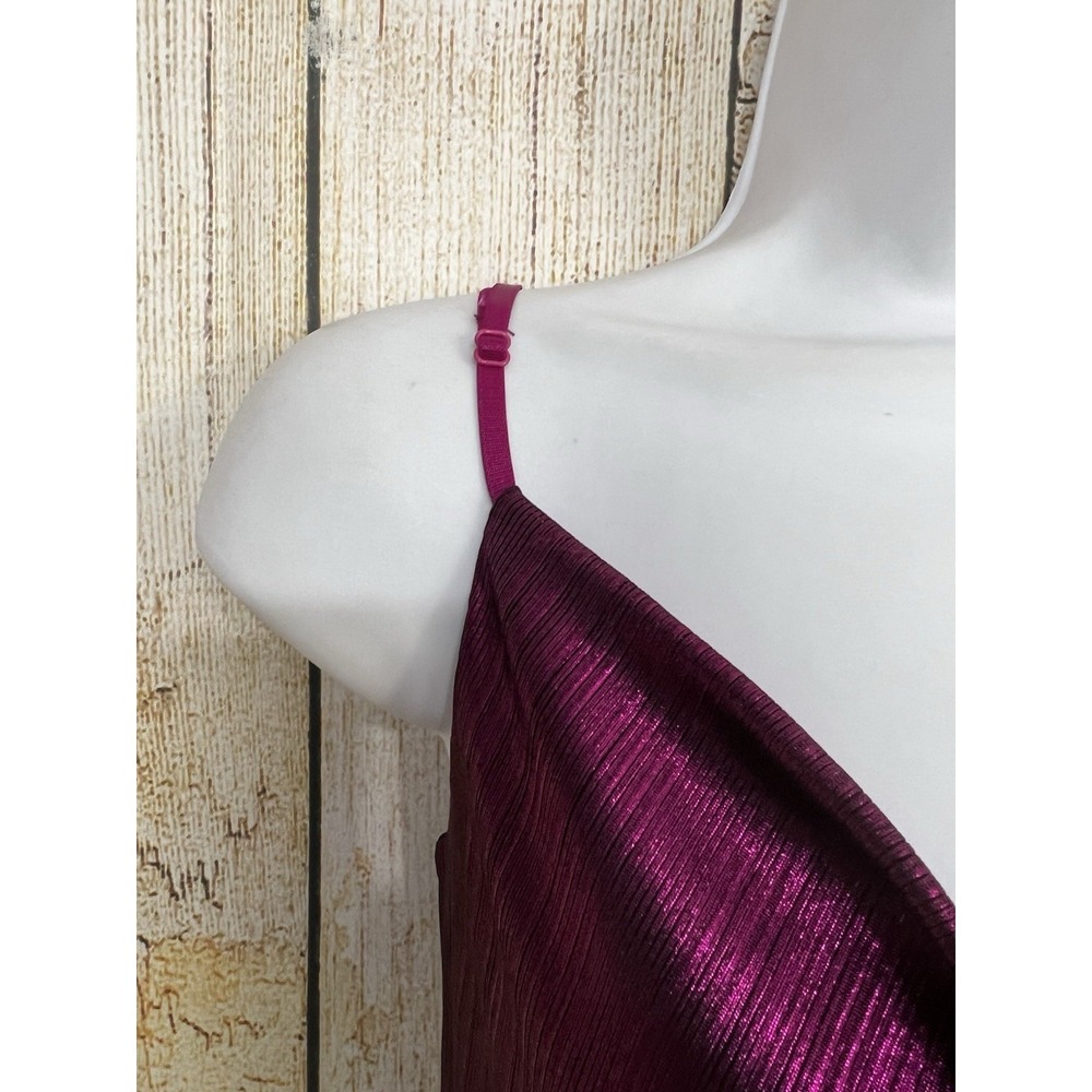 Y2K Mini Slip Dress XL Magenta Satin Cowl Neck Mini Glam Party Metallic Rave - Picture 4 of 7